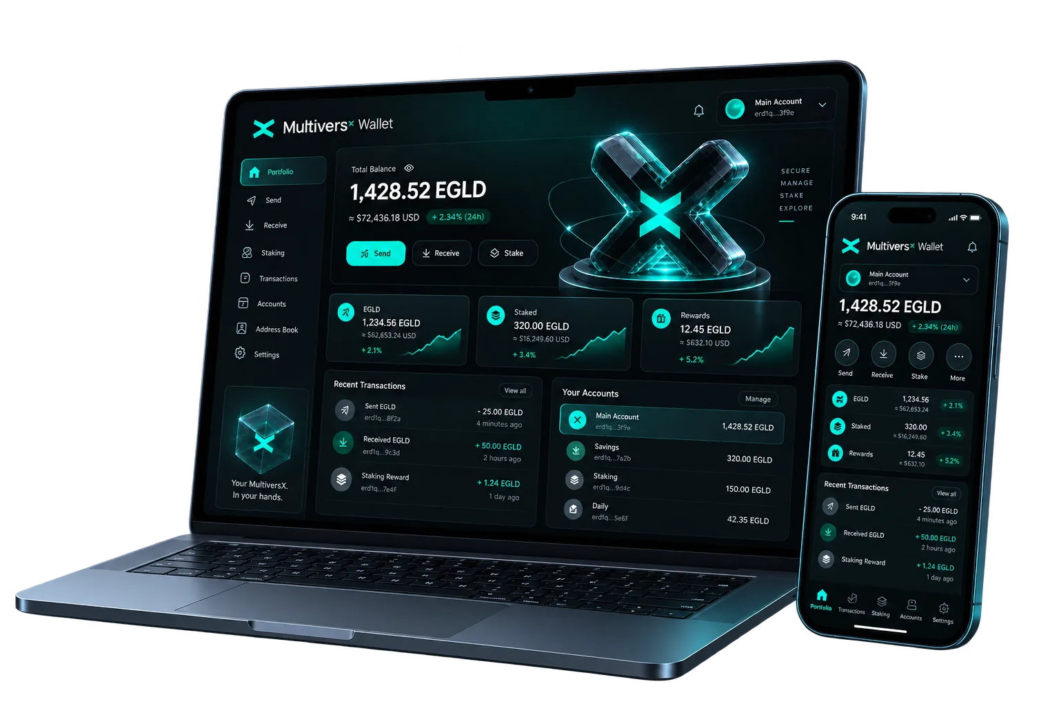 MultiversX Wallet displayed on a laptop and phone