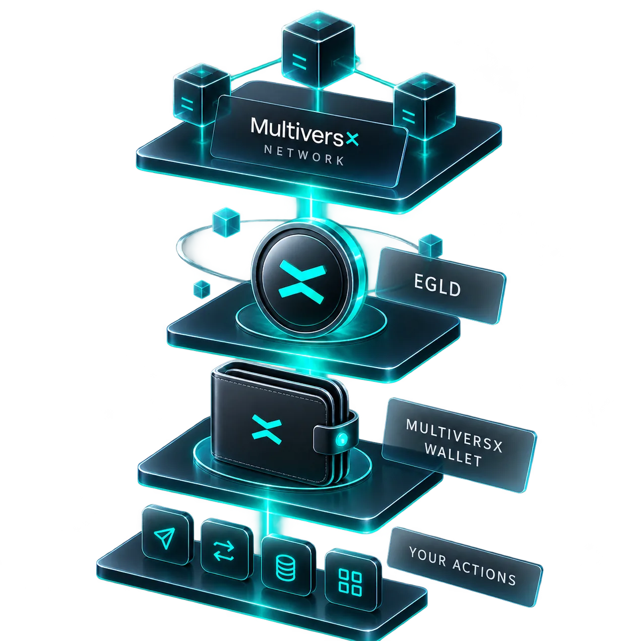 MultiversX network, EGLD, wallet and user actions connected in layers